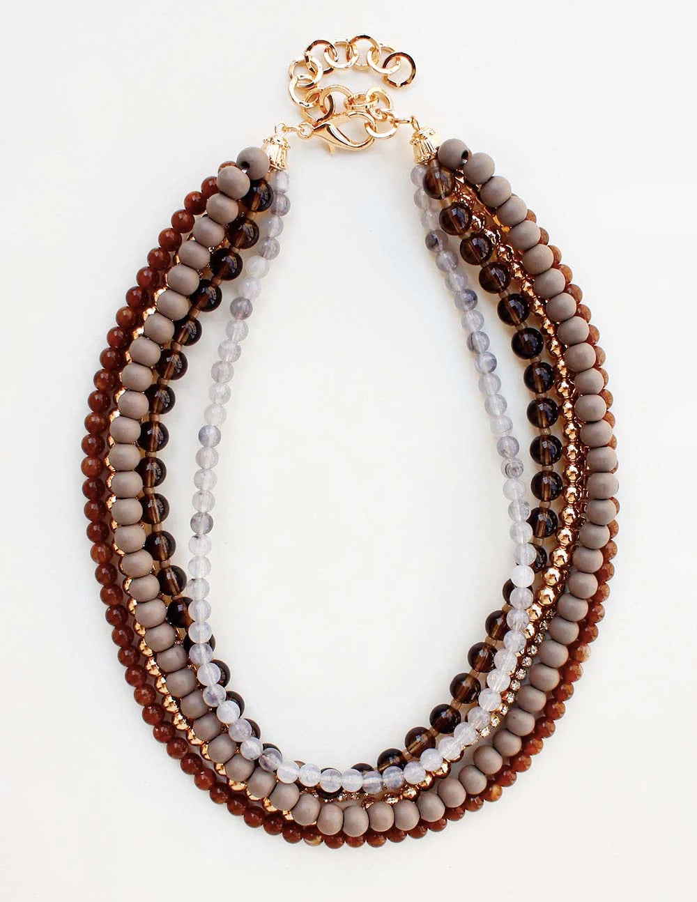 Multi Layered Grey Wood and Gold Beaded 16"-18" Necklace