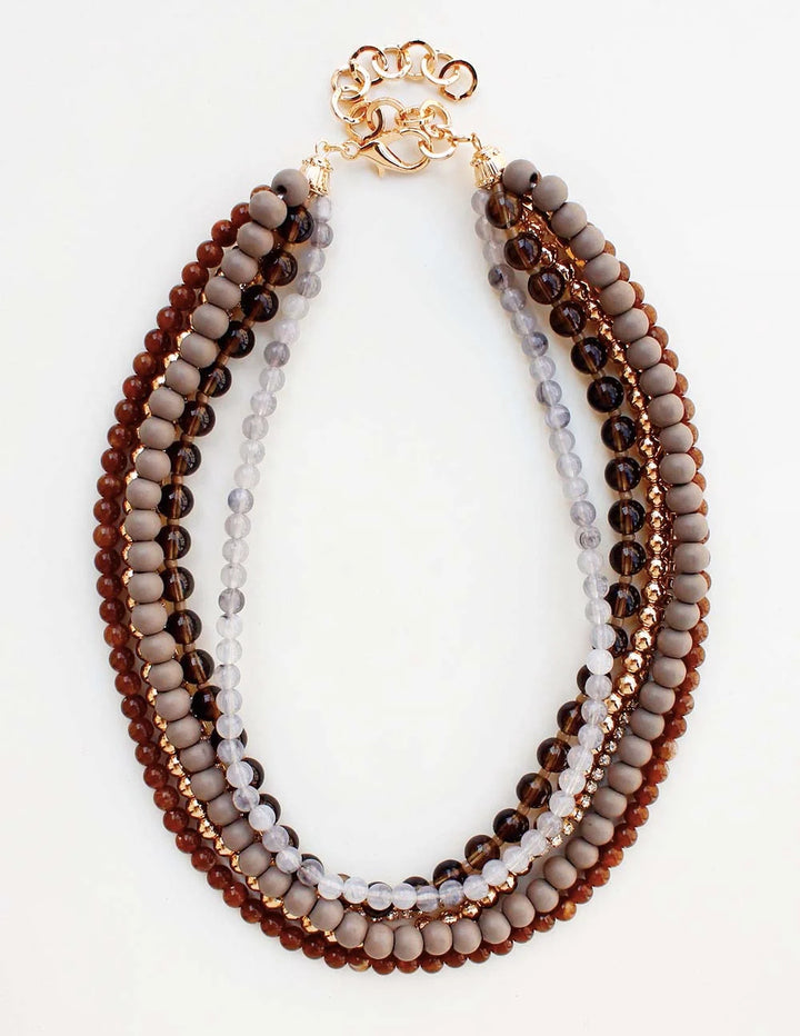 Multi Layered Grey Wood and Gold Beaded 16"-18" Necklace