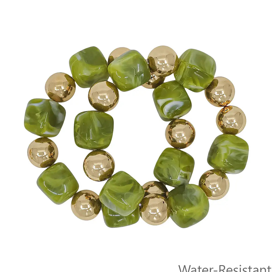 Set of 2 Gold and Olive Green  Stretch Bracelets
