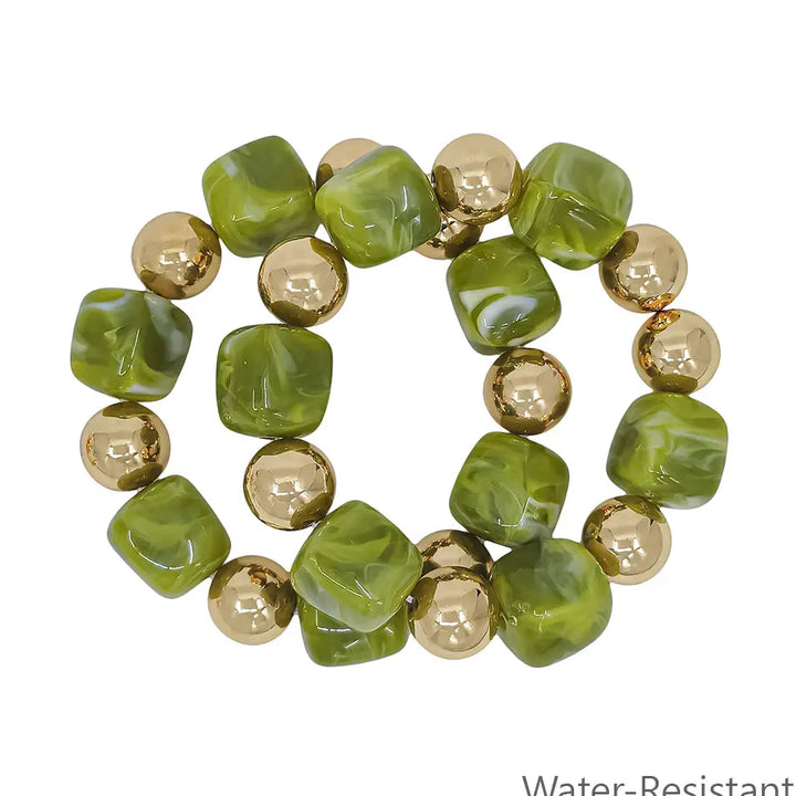 Set of 2 Gold and Olive Green  Stretch Bracelets