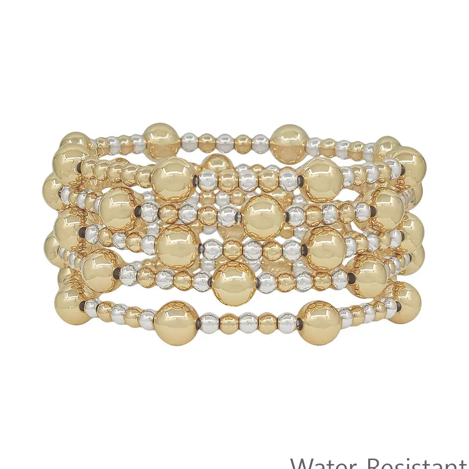 Set of 5 Gold and Silver Beaded Stretch Bracelets