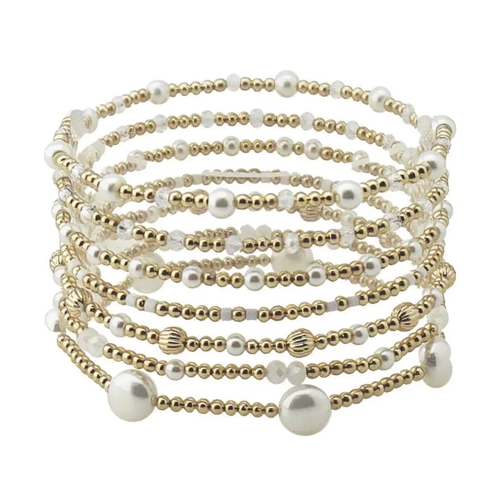 Set of 7 Gold Beaded and Pearl Stretch Bracelets