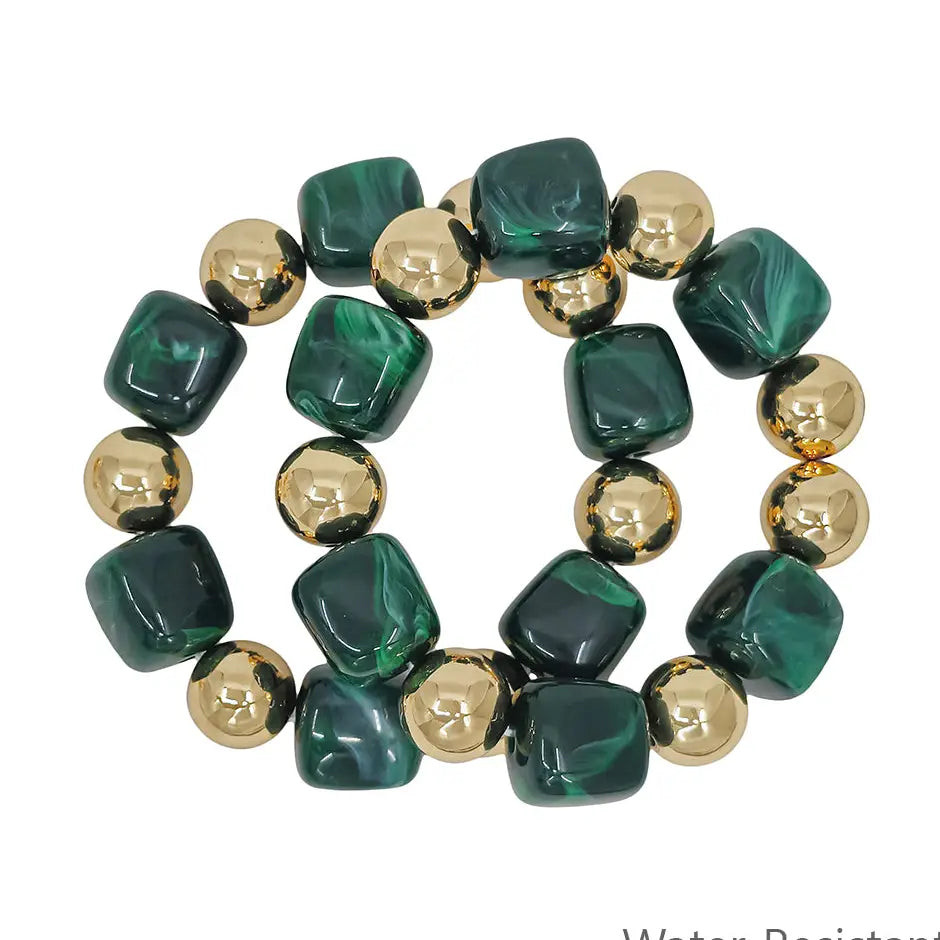 Set of 2 Gold and Emerald Green Stretch Bracelets