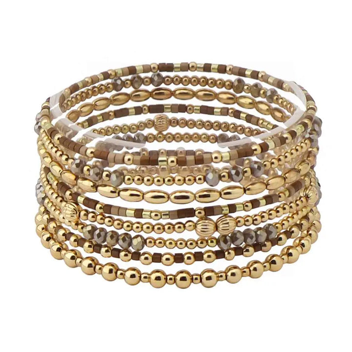 Set of 8 Brown Seed Bead & Crystal and Gold Stretch Bracelet