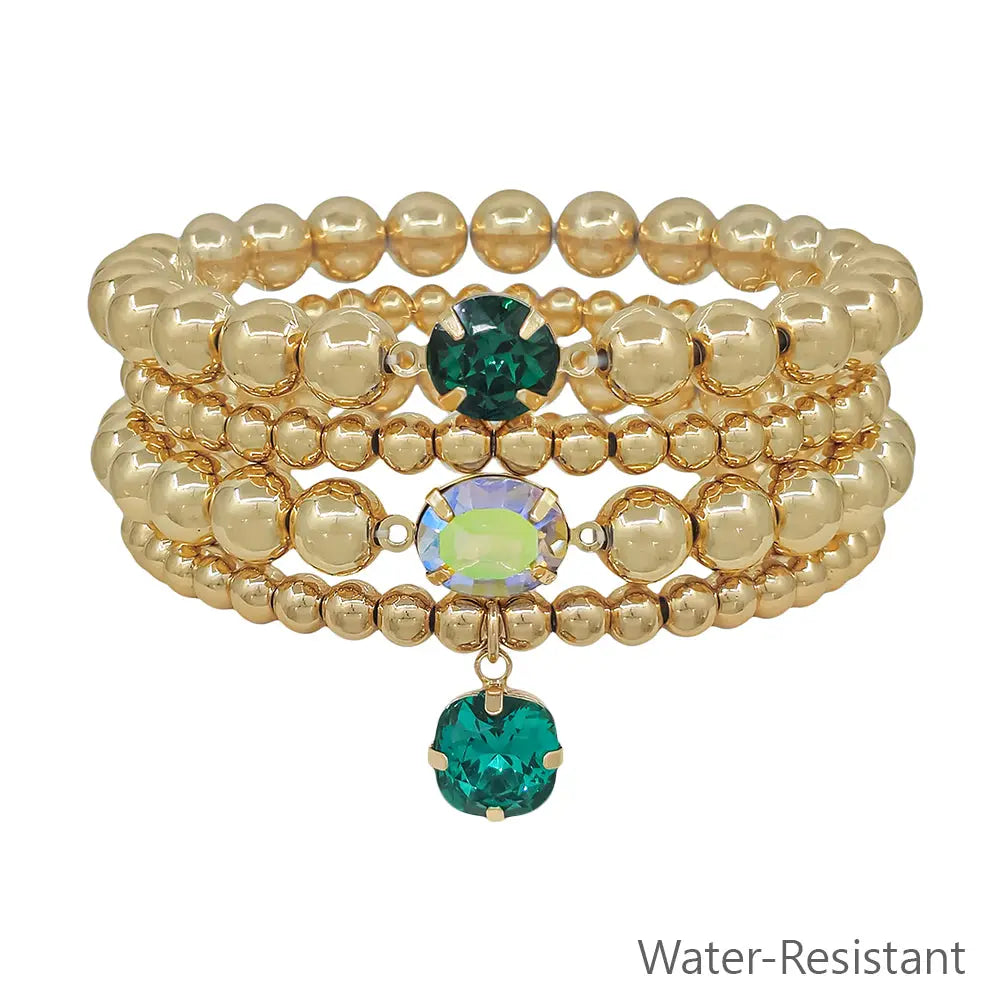 Gold Beaded with Emerald Green Crystal Accents Set of 4 Stretch Bracelets