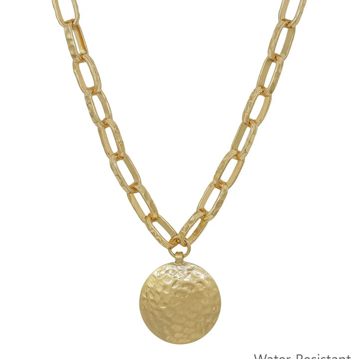 Gold Open Chain with Hammered Circle Necklace