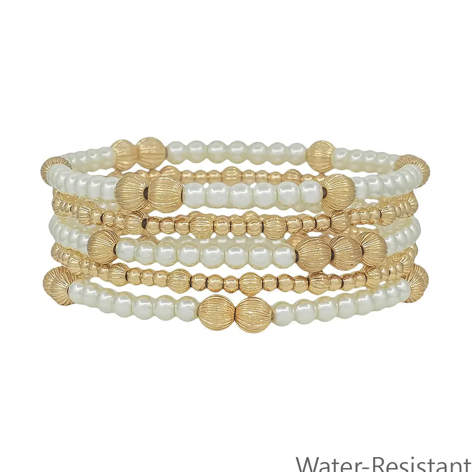 Gold Beaded and Pearl Set of 5 Stretch Bracelets