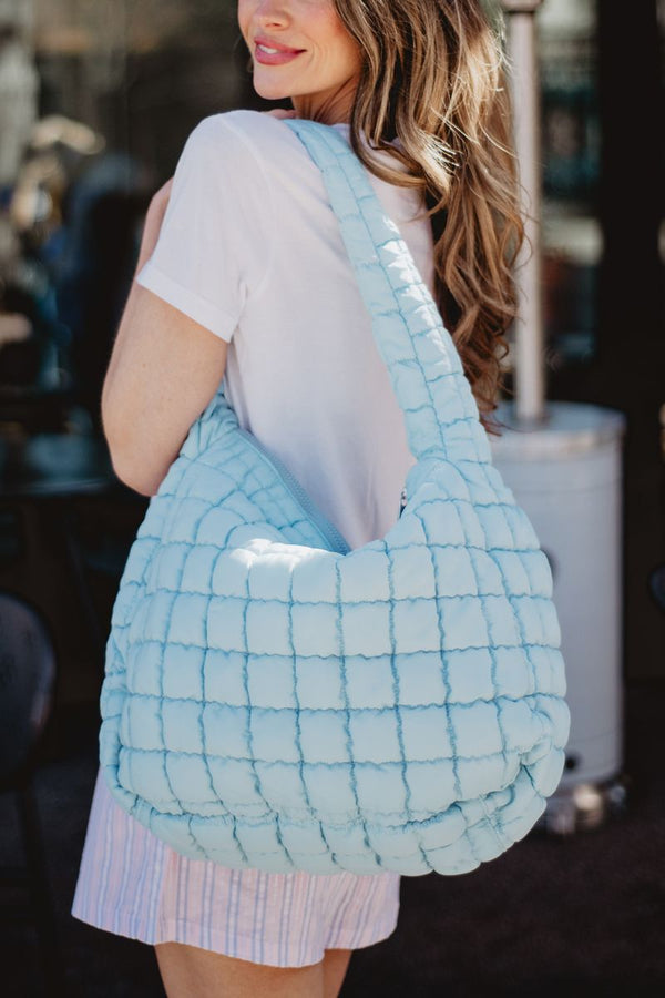 Oversized Quilted Puffer Tote Bag| Light Blue
