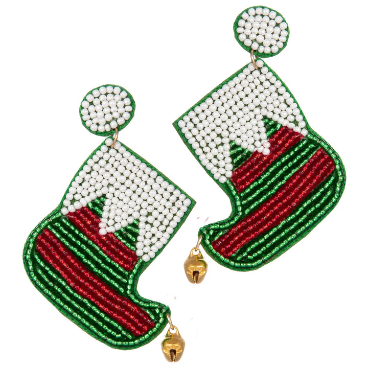 Green Striped Elf Shoe Christmas Earrings