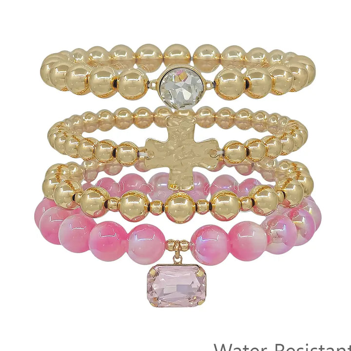 Set of 4 Cross and Pink Crystal Beaded Stretch Bracelets