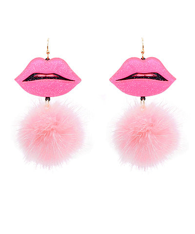 Glitter Lip & Pom Pom Drop Earrings