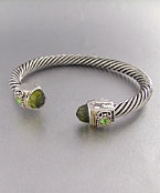 Silver Rope Cuff W/ Green Gems