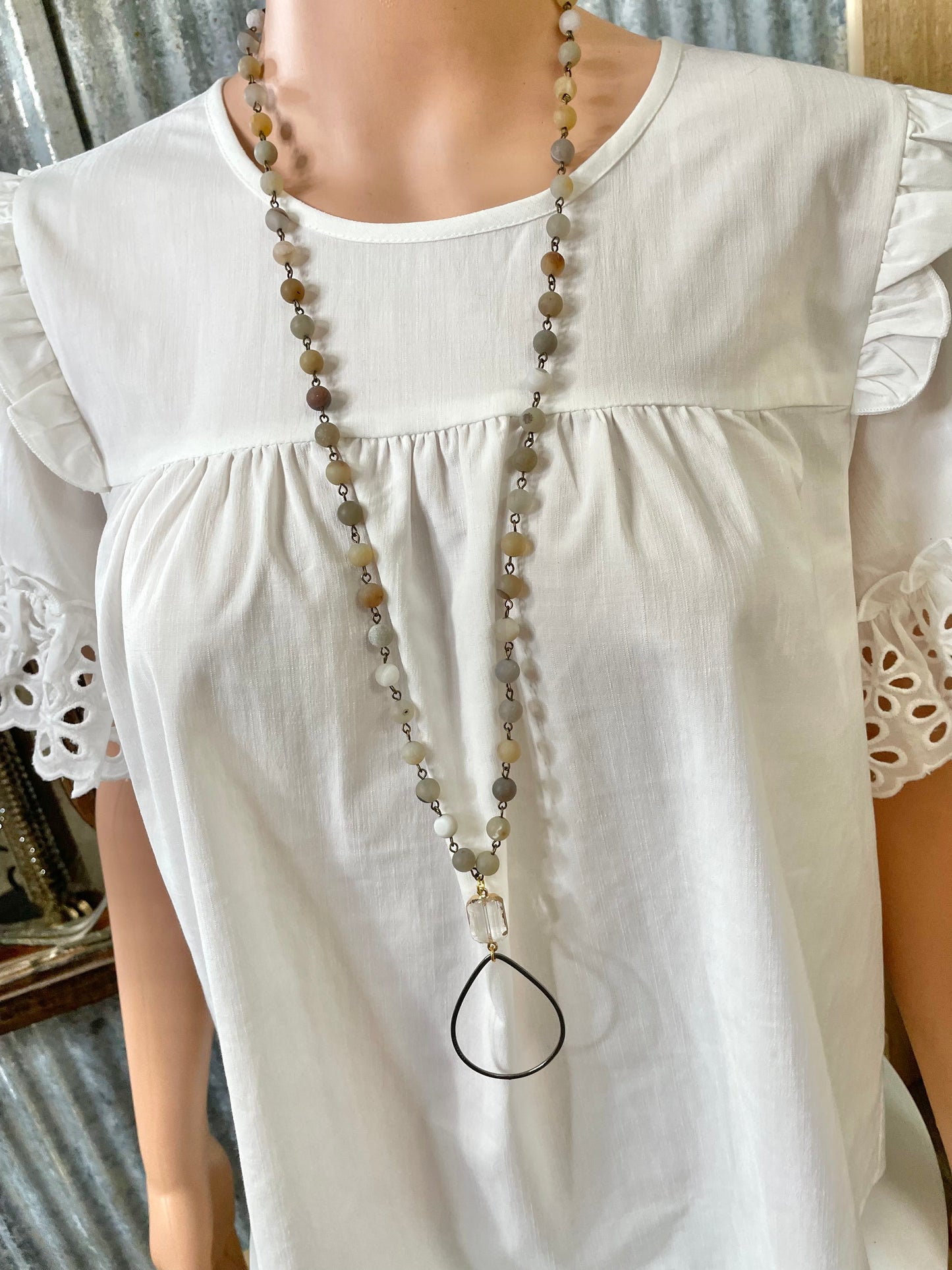 Beaded Necklace with Grey Teardrop