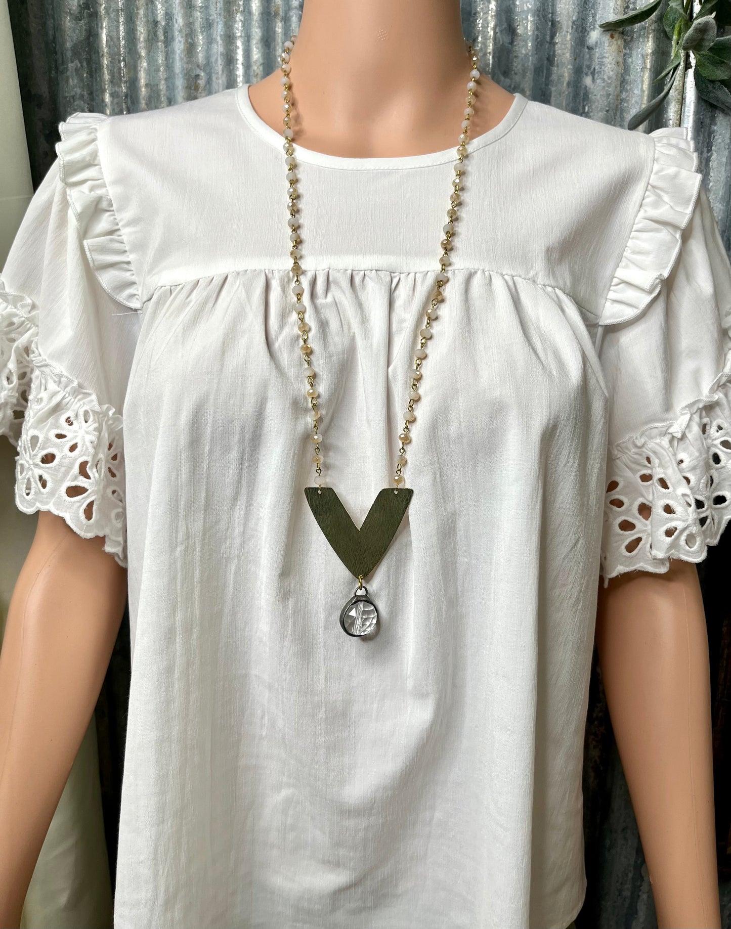 Ivory Beaded Necklace with Crystal Ball Pendant