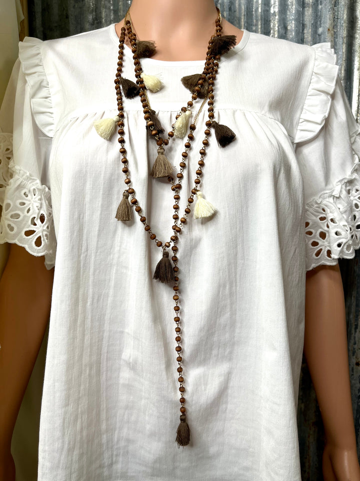 Brown Wood Beaded Layered Tassel Necklace