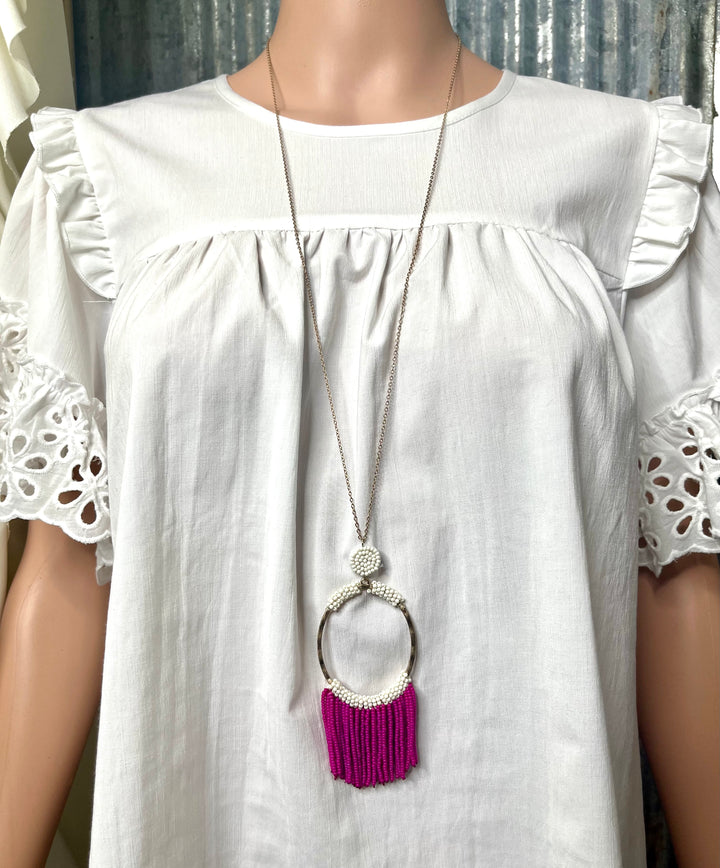 White Bead with Pink Beaded Fringe Necklace