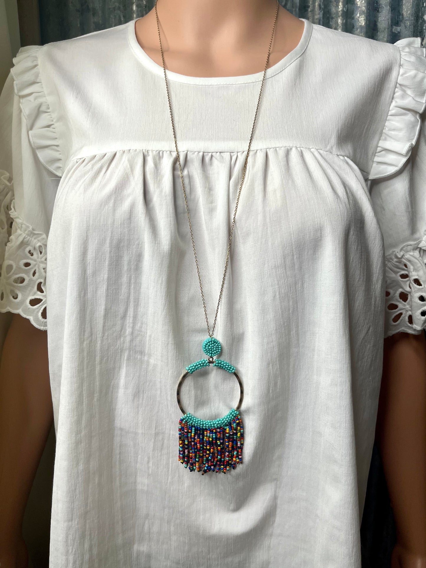 Teal Beaded Necklace with Multi Fringe