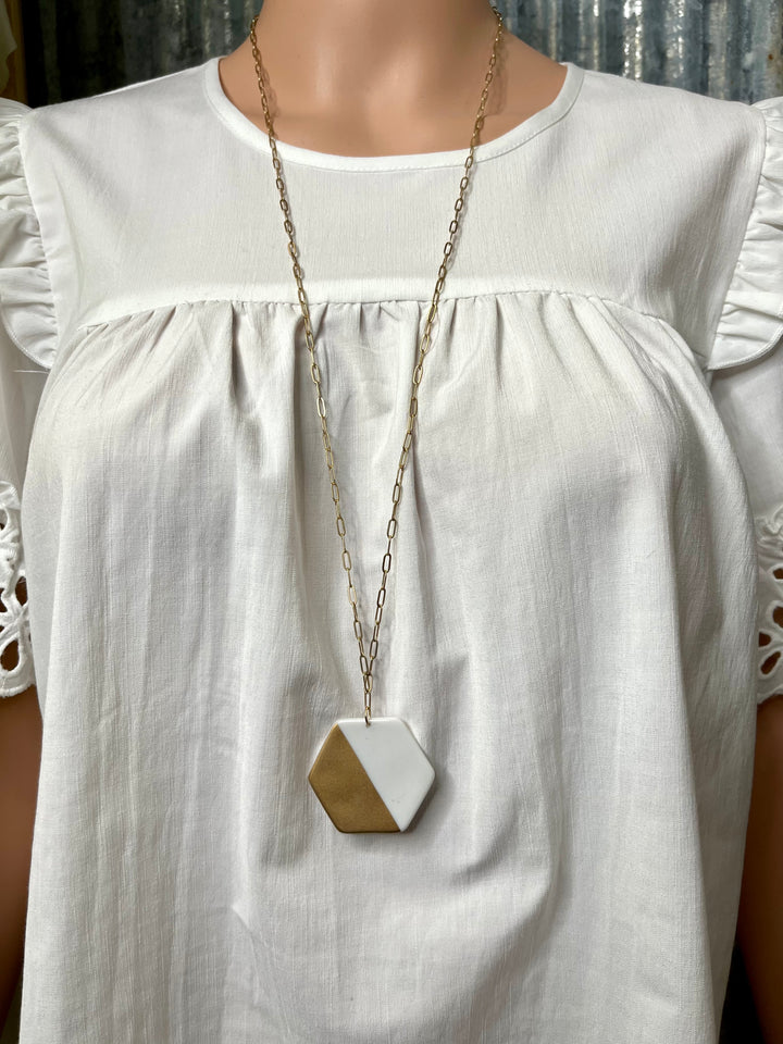 Gold & White Hexagon Necklace