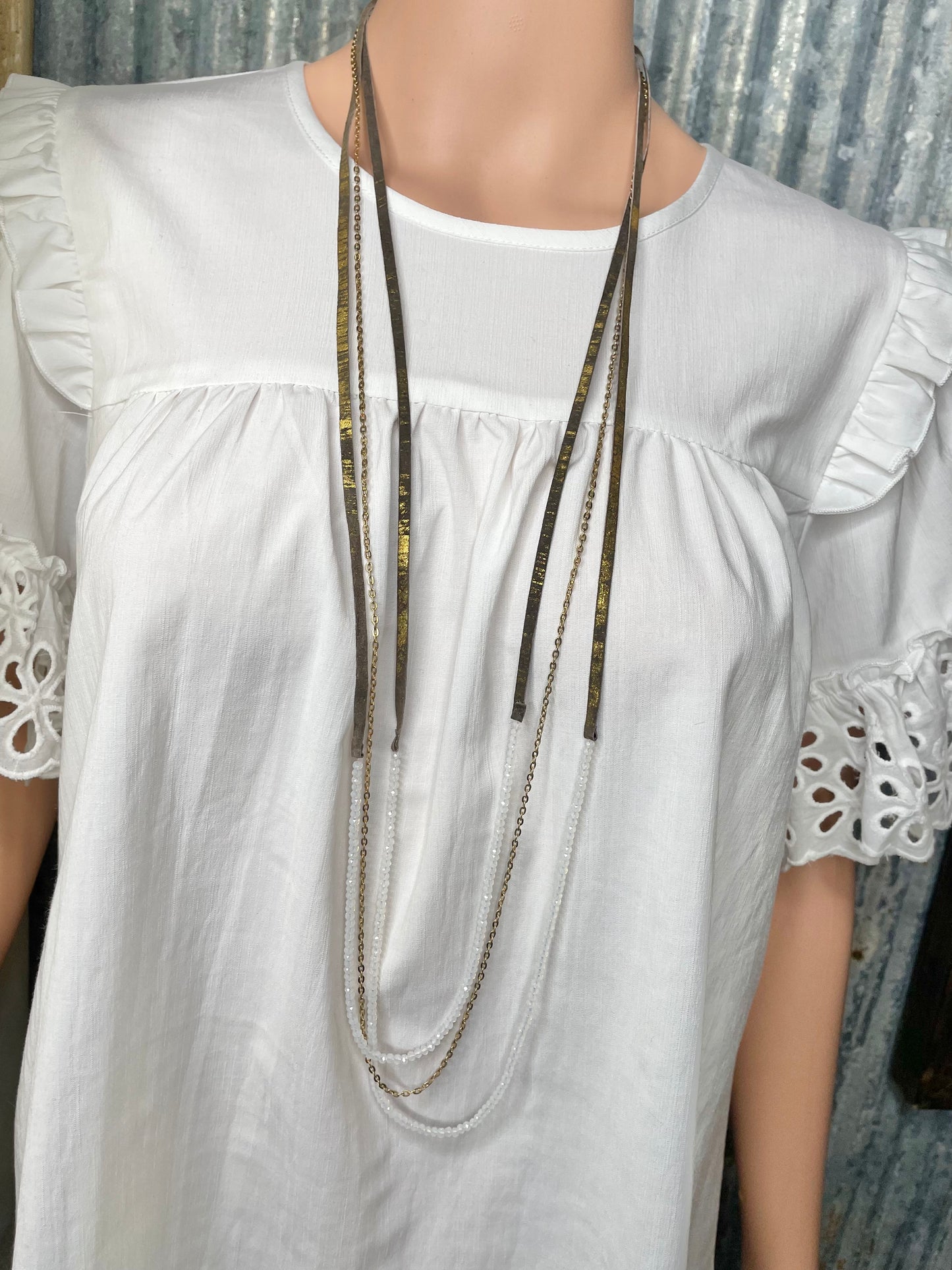 Gold Brushed Brown Leather 3 Layer Necklace