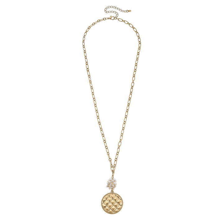Giada Pearl Cluster & Quilted Metal Pendant Necklace in Worn Gold