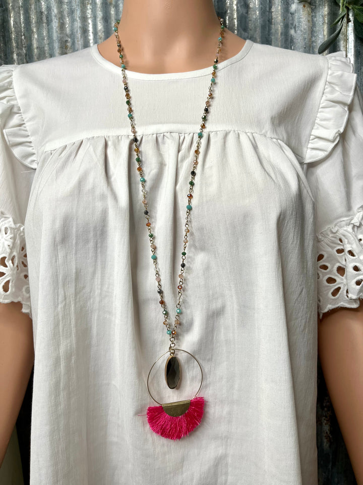 Multi Beaded Pink Tassel Necklace