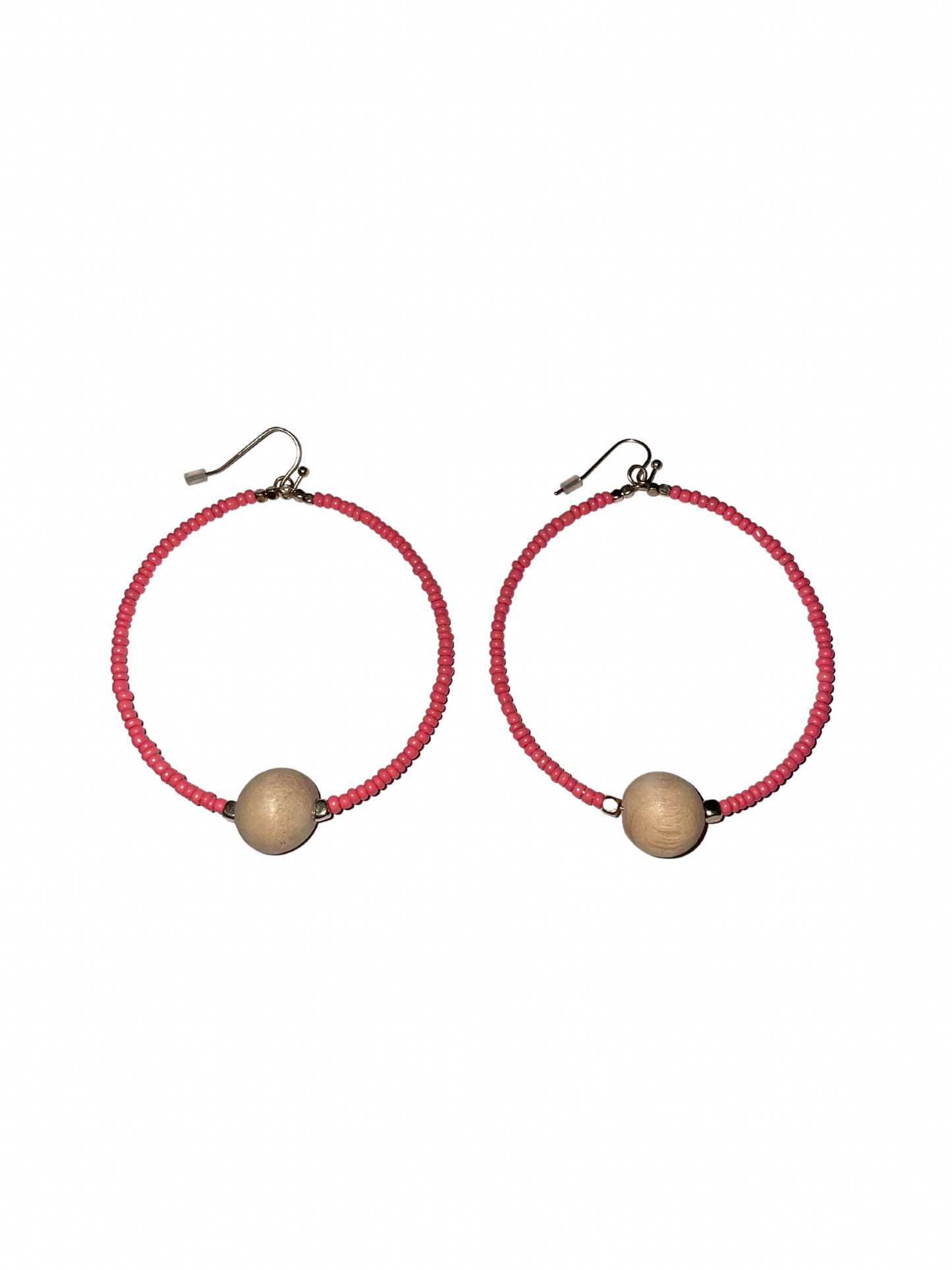 Coral Beaded Hoops with Wooden Balls