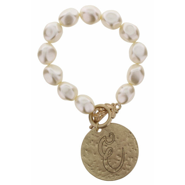PEARL STRETCH WITH DISK INITIAL BRACELET