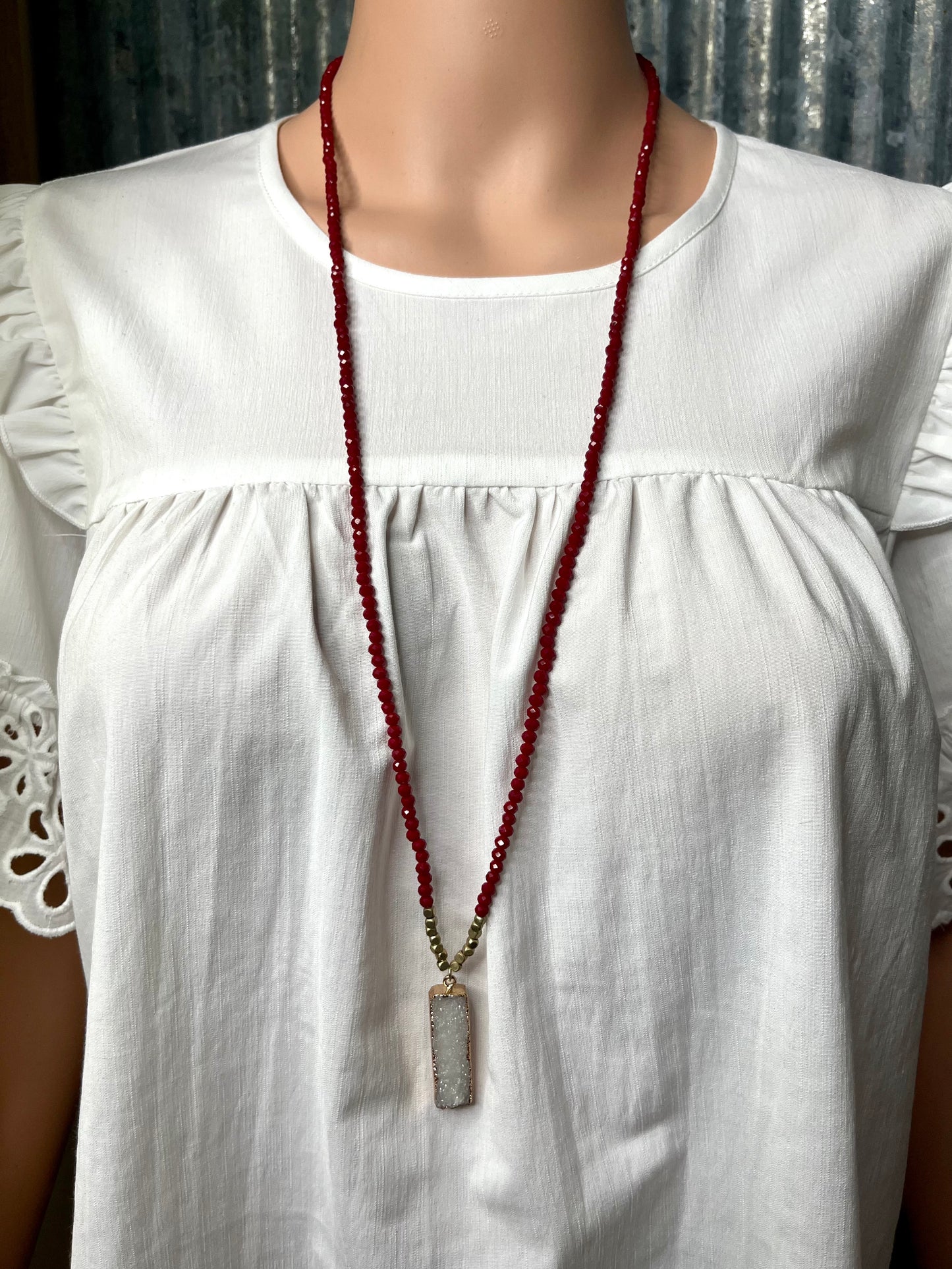 Dark Red Beaded Necklace with Stone Pendant