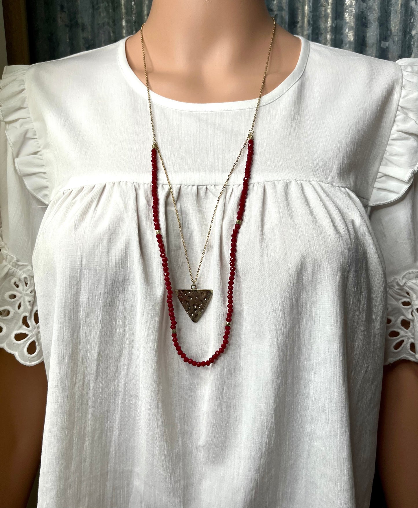 Dark Red Layered Beaded Necklace with Gold Triangle Pendant