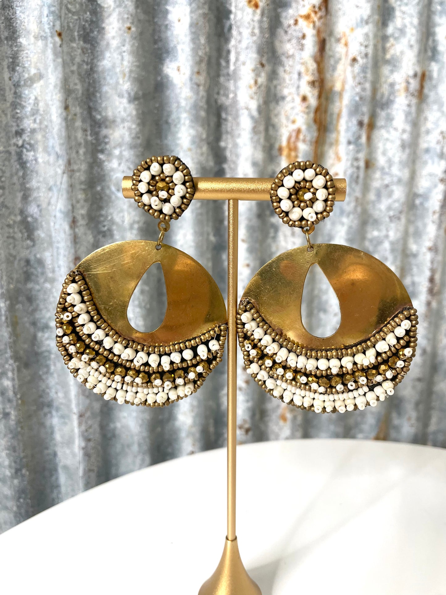 Gold & White Beaded Earrings