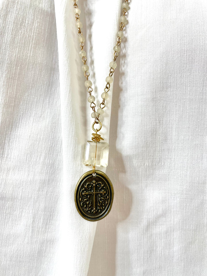 Vintage Beaded Cross Coin Necklace