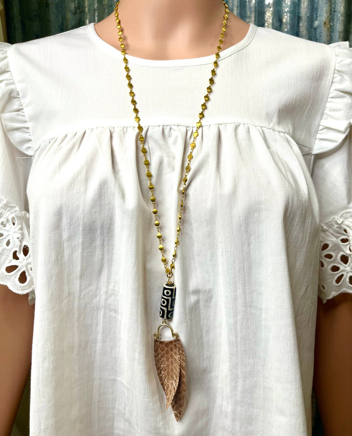 Champagne Leather Feather Necklace