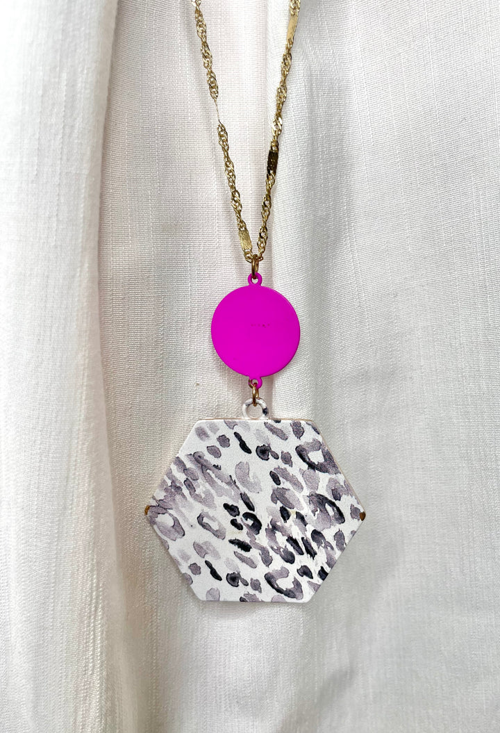 Pink Grey Cheetah Hexagon Necklace