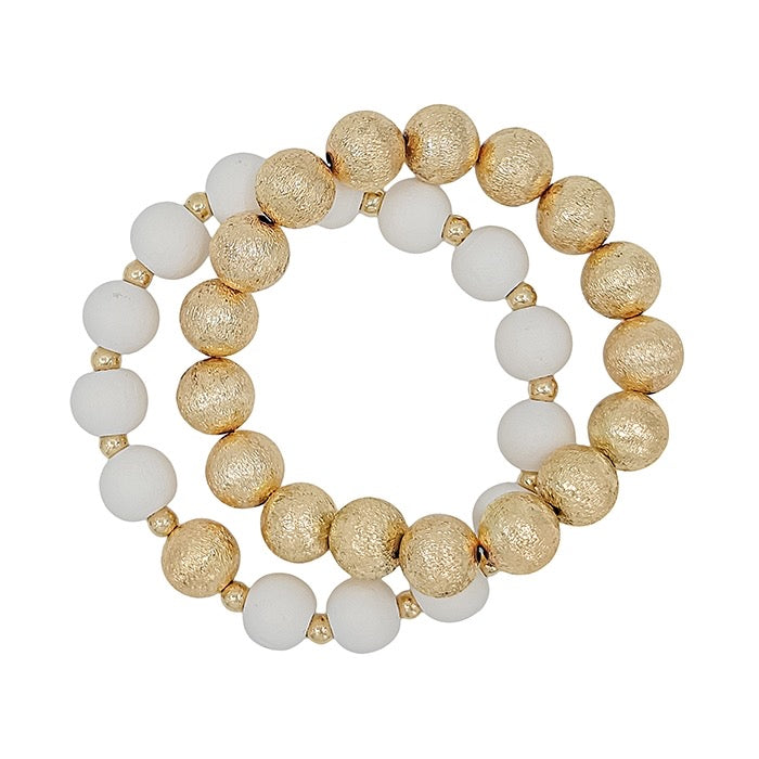 Gold Textured Beaded & Wood Set of 2 Stretch Bracelets