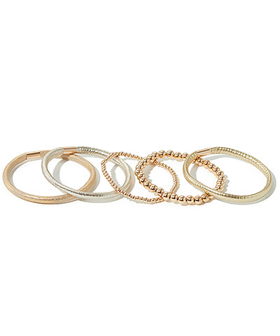 5 Row Gold Bead & Leather Bangle Set