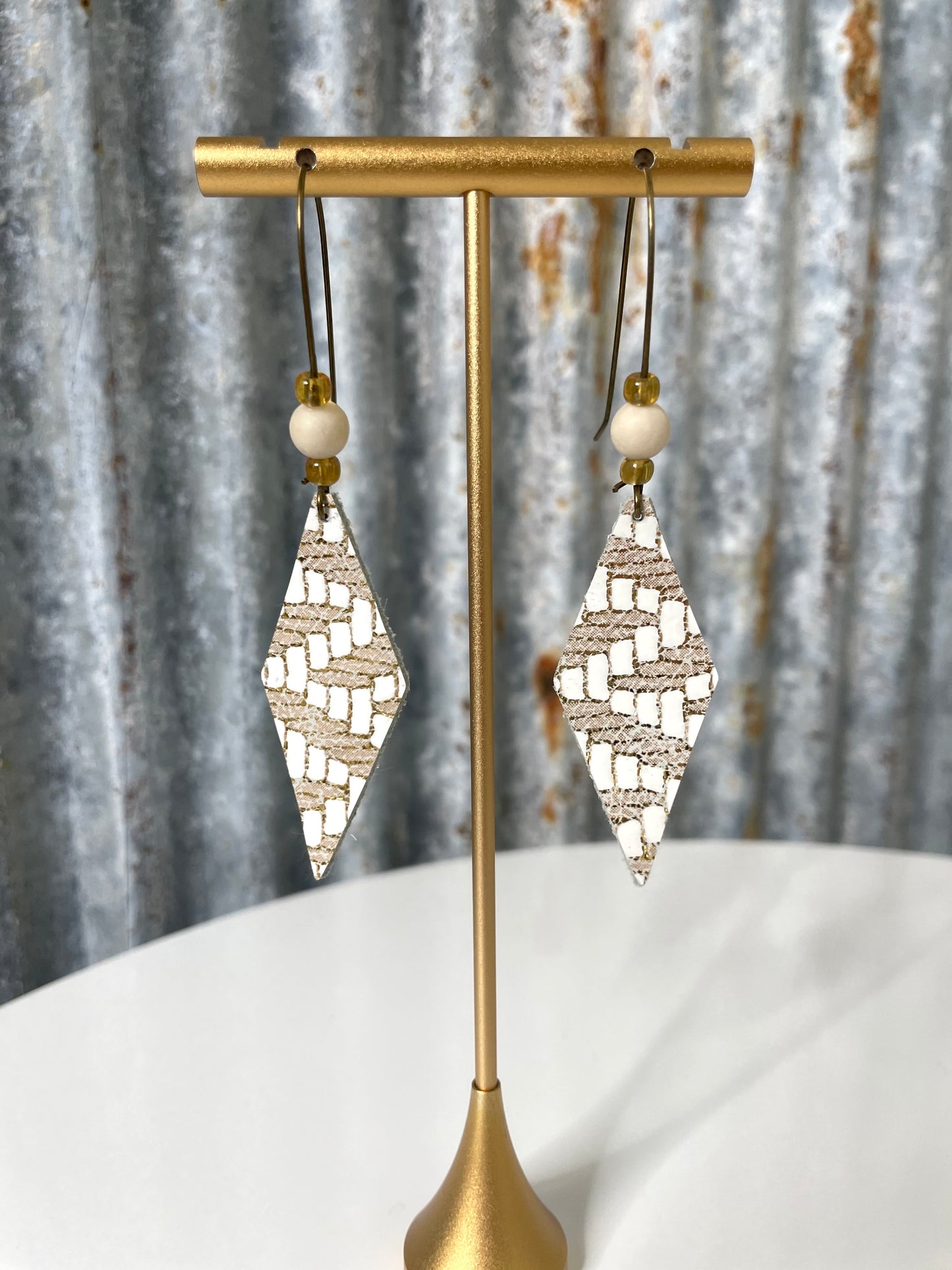 Gold & White Leather Earrings