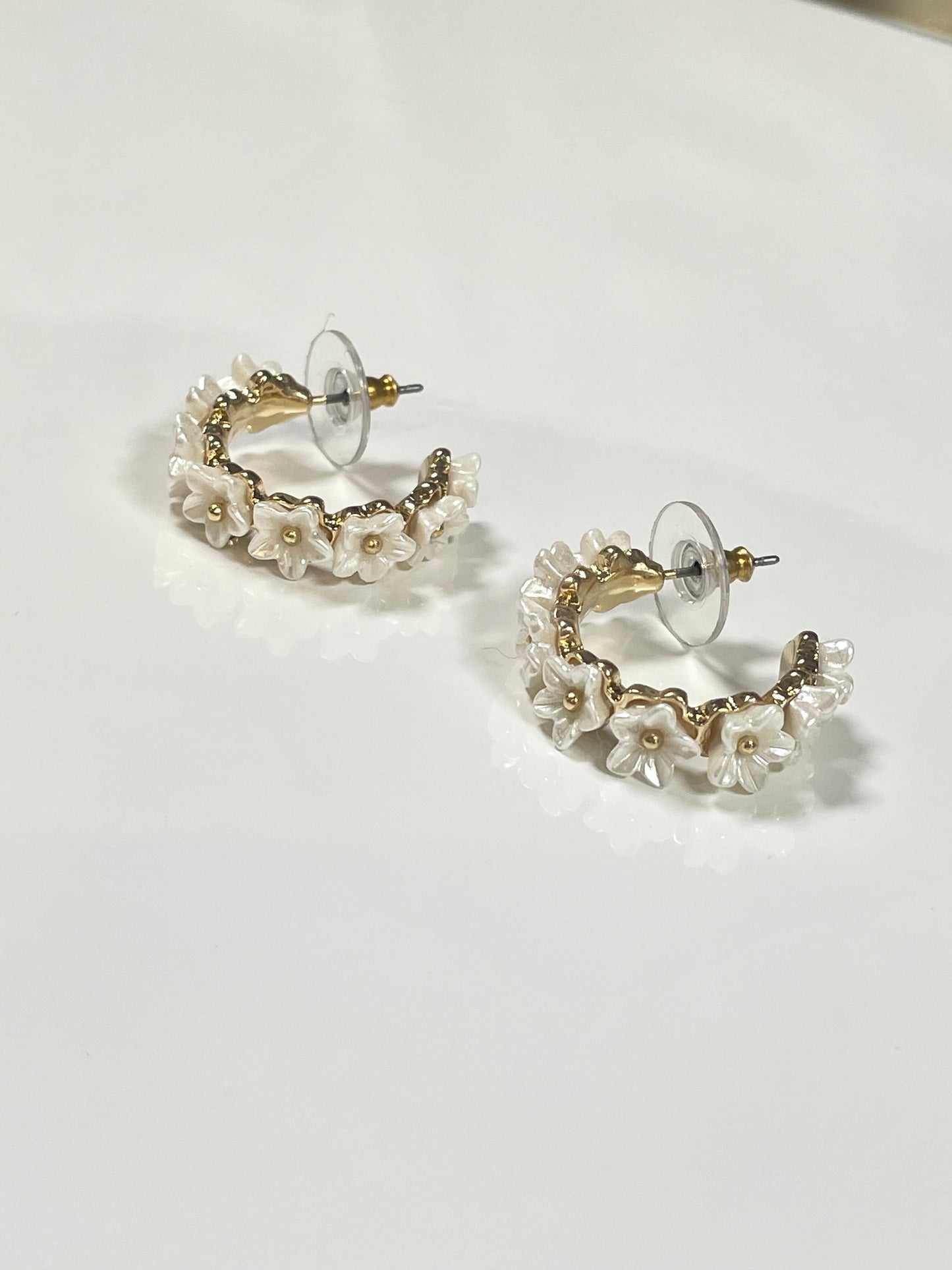 White & Gold Flower Hoop Earrings