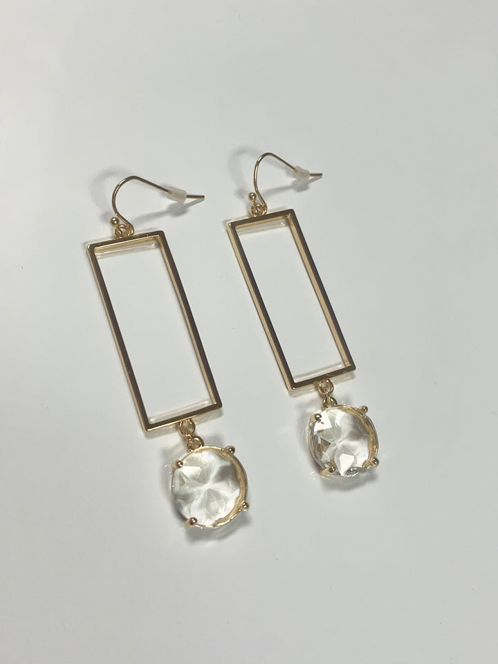 Open Gold Rectangle with Crystal Drop Earrings