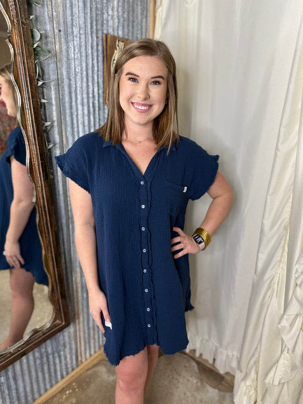 Navy Gauze Button Down Dress