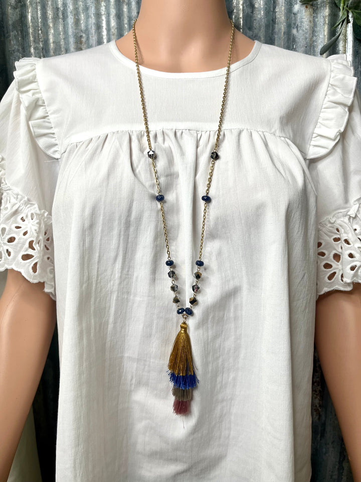 Mustard, Blue, and Pink Tassel Necklace