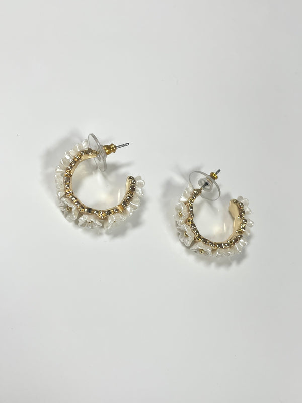 White & Gold Flower Hoop Earrings