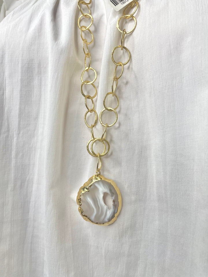 Gold Circle Chain Necklace with Stone Pendant