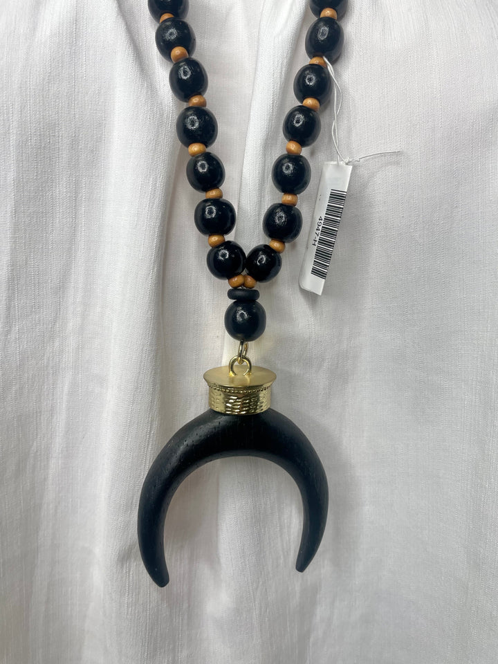 Black Wood Beaded Double Horn Necklace