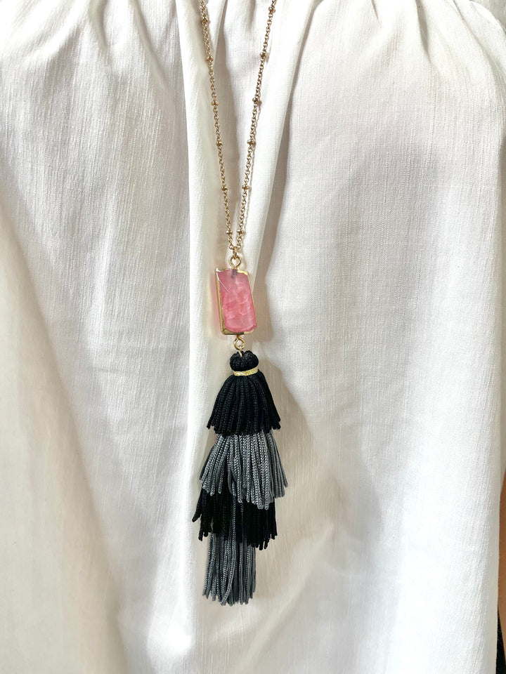 Black & Grey Fringe Necklace with Pink Stone