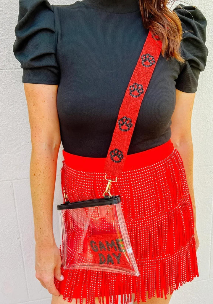 Red & Black Paw Print Beaded Purse Strap & Clear Bag