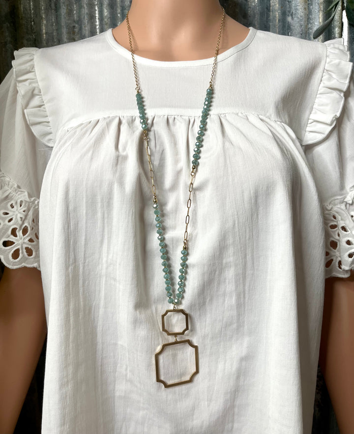Mint Beaded Necklace with Gold Stacked Pendant