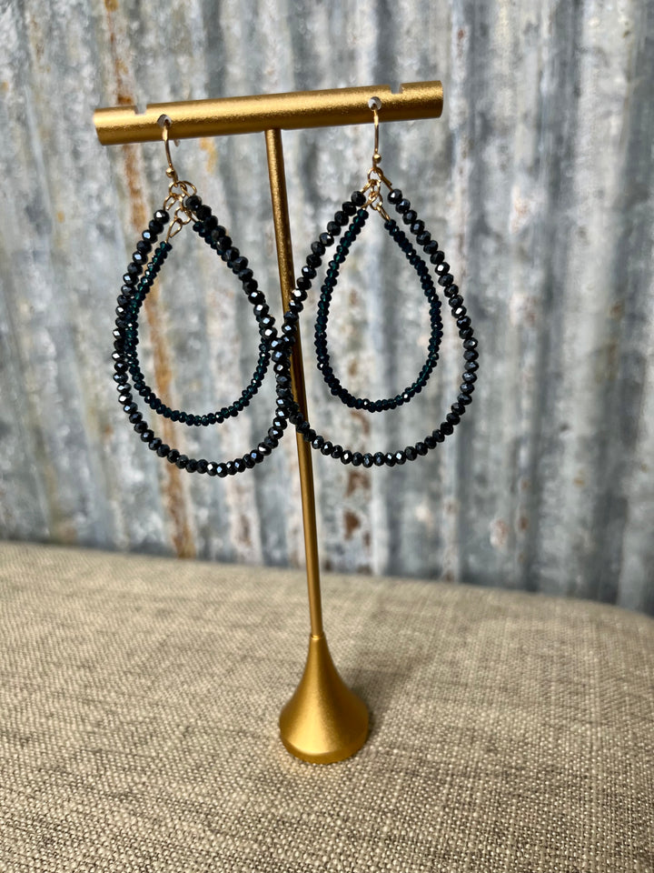 Navy Double Beaded Teardrop Earrings
