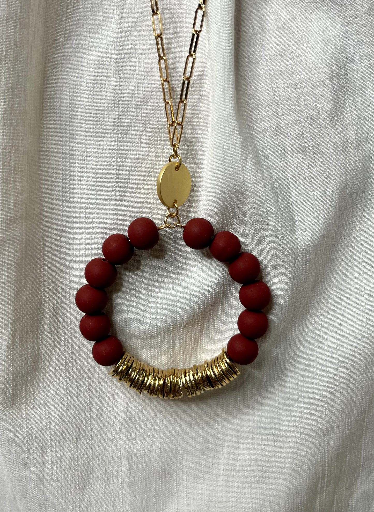 Wine Clay Bead with Gold Disk Necklace
