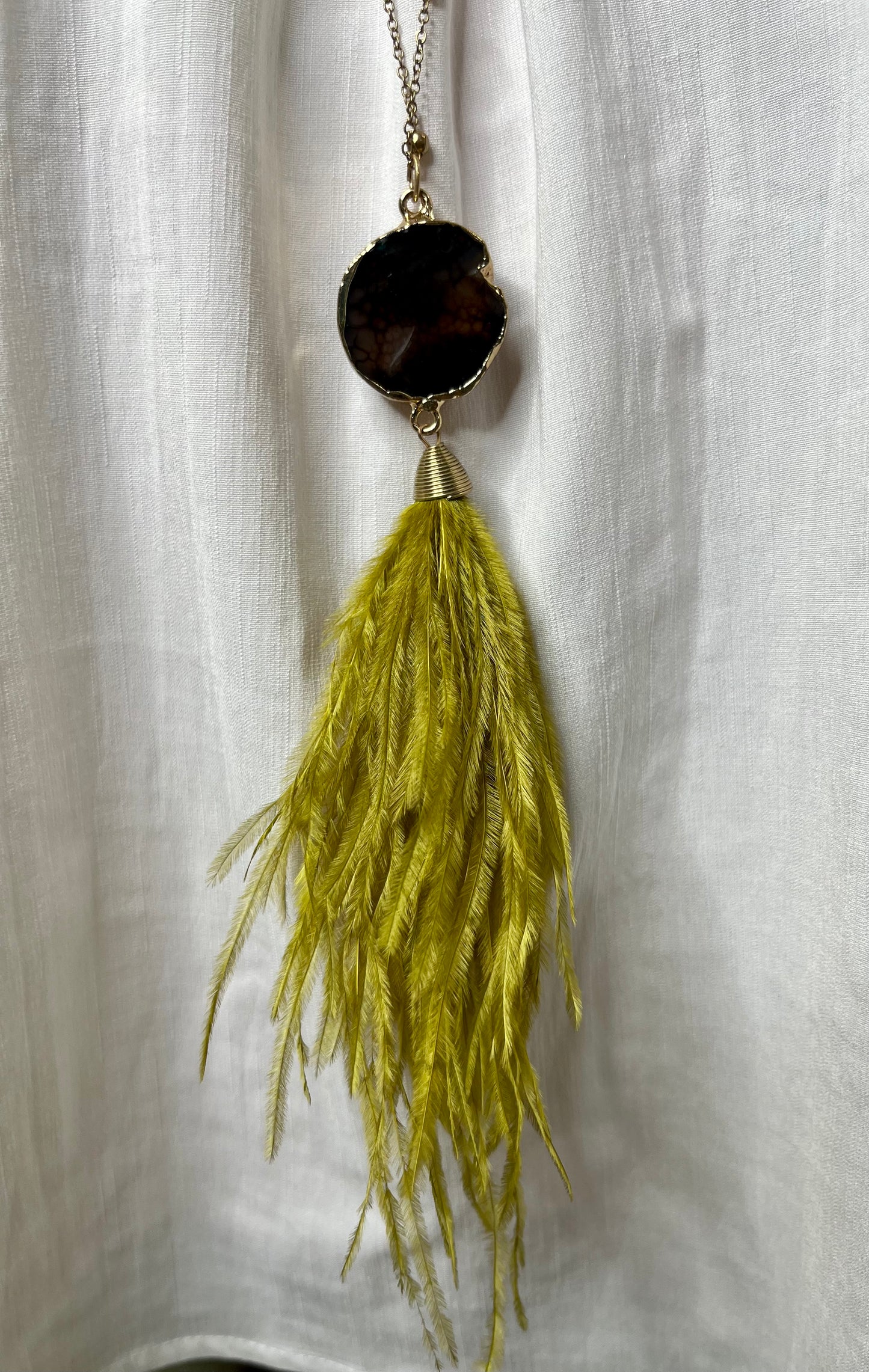 Green Feather Necklace with Stone