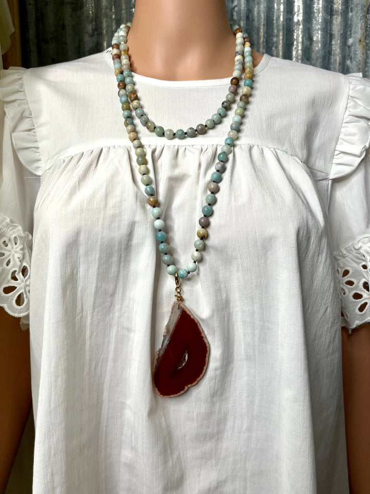 Turquoise Mix Beaded Necklace with Stone Pendant